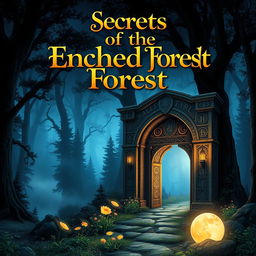 A captivating book cover design featuring a mystical forest landscape at twilight, with dense, towering trees shrouded in ethereal mist