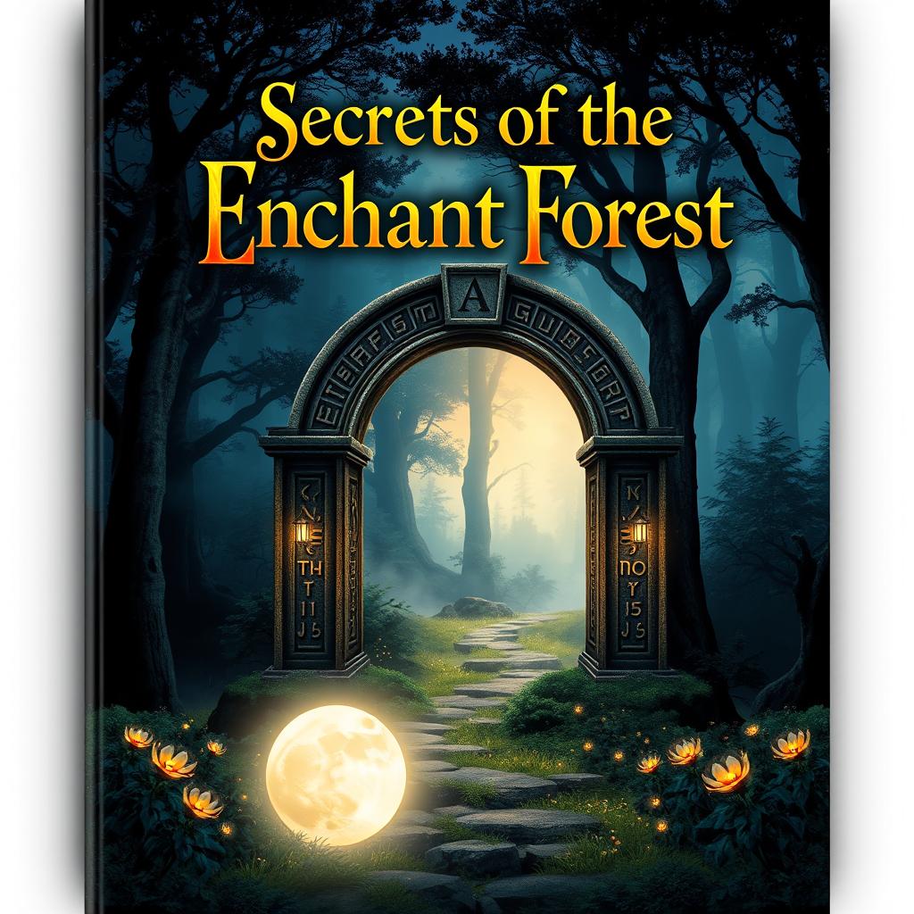 A captivating book cover design featuring a mystical forest landscape at twilight, with dense, towering trees shrouded in ethereal mist