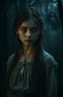 A hauntingly beautiful portrait of Isabel, a teenage girl, with deep emotional eyes reflecting her trauma