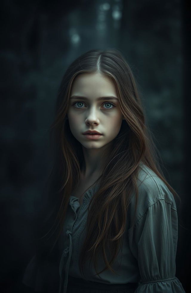 A hauntingly beautiful portrait of Isabel, a teenage girl, with deep emotional eyes reflecting her trauma