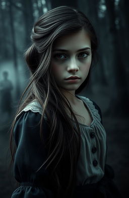 A hauntingly beautiful portrait of Isabel, a teenage girl, with deep emotional eyes reflecting her trauma