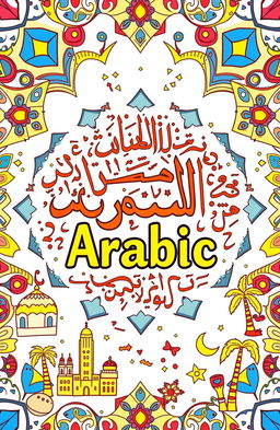 A vibrant and engaging coloring book cover designed for learning Arabic, featuring intricate Arabic calligraphy intertwined with playful illustrations of Arabic letters and numbers