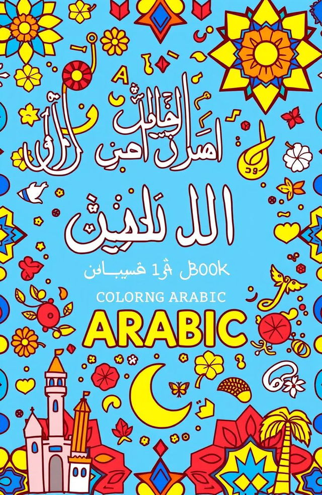 A vibrant and engaging coloring book cover designed for learning Arabic, featuring intricate Arabic calligraphy intertwined with playful illustrations of Arabic letters and numbers