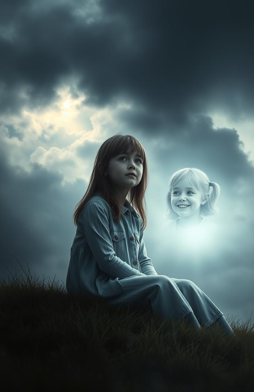 A haunting and emotional scene depicting a young girl named Isabel, surrounded by an ethereal atmosphere, reflecting her loss of a younger sister