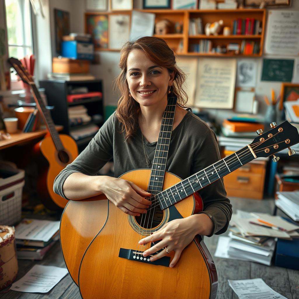 A captivating vertical portrait of Renata, a 37-year-old dedicated teacher, who embodies warmth and passion