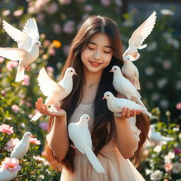 A beautiful Korean girl with long, flowing hair and delicate features, playfully interacting with a group of white doves
