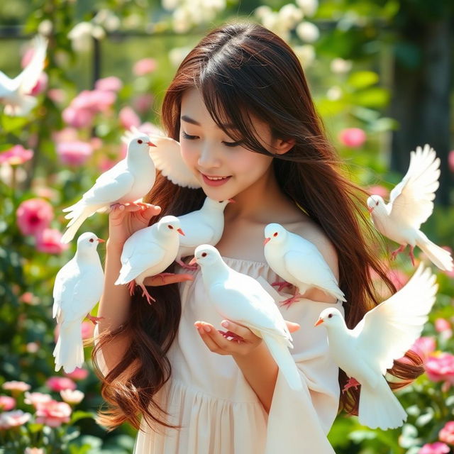 A beautiful Korean girl with long, flowing hair and delicate features, playfully interacting with a group of white doves