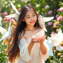 A beautiful Korean girl with long, flowing hair and delicate features, playfully interacting with a group of white doves