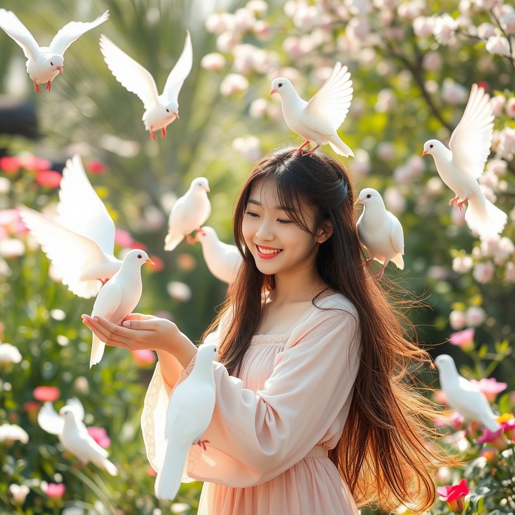 A beautiful Korean girl with long, flowing hair and delicate features, playfully interacting with a group of white doves