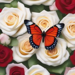 A vivid, blood-red butterfly, adorned with intricate patterns, perches delicately on a pristine, white rose amidst a serene field of roses