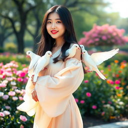 A beautiful Korean woman with long, silky black hair and graceful features, standing elegantly with doves perched on her shoulders