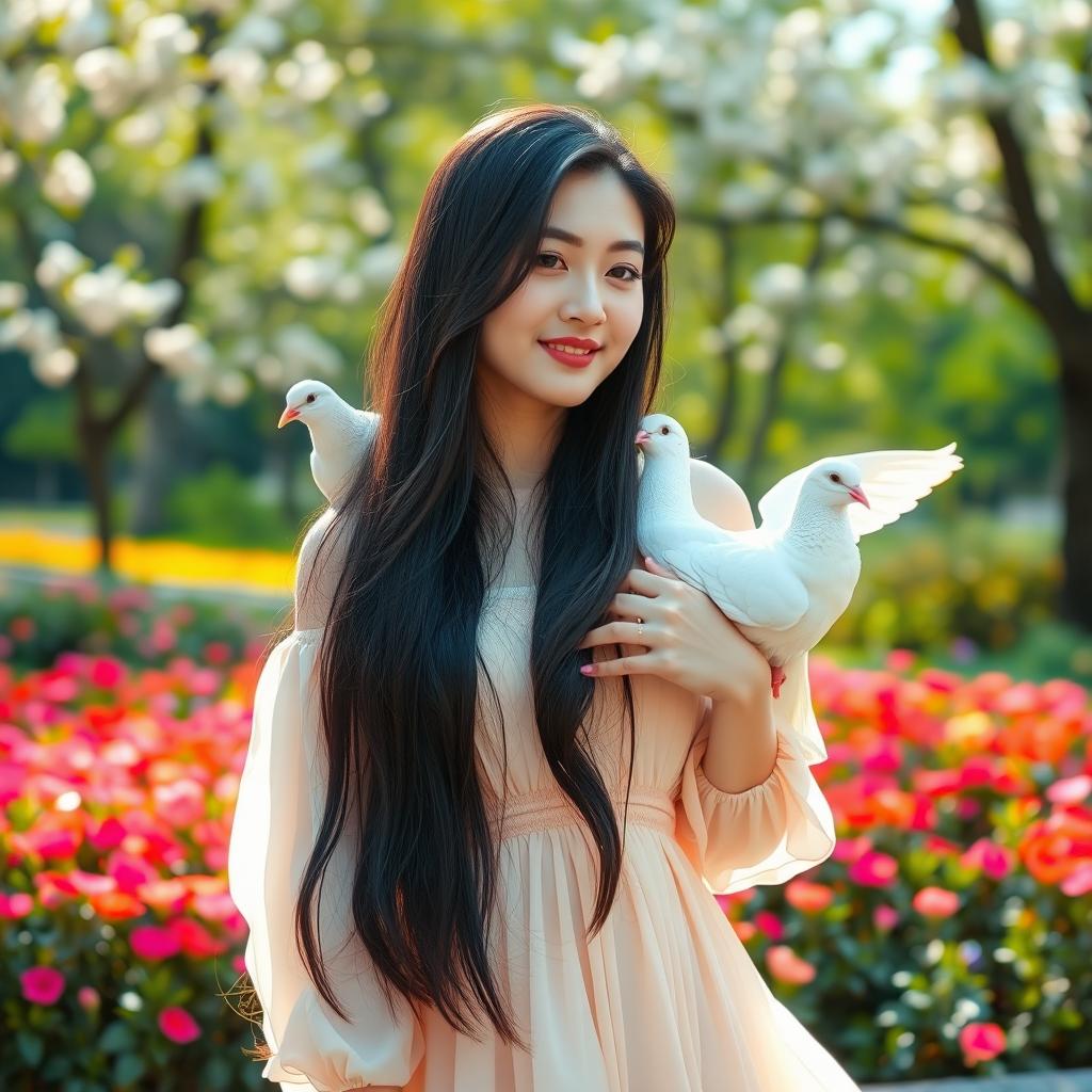 A beautiful Korean woman with long, silky black hair and graceful features, standing elegantly with doves perched on her shoulders