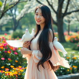 A beautiful Korean woman with long, silky black hair and graceful features, standing elegantly with doves perched on her shoulders