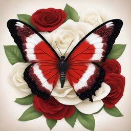 A vivid, blood-red butterfly, adorned with intricate patterns, perches delicately on a pristine, white rose amidst a serene field of roses