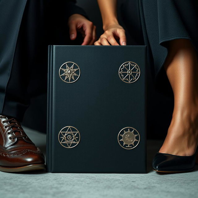 A visually striking image featuring a plain black book without a title, positioned between the legs of a man and a woman