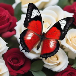 A vivid, blood-red butterfly, adorned with intricate patterns, perches delicately on a pristine, white rose amidst a serene field of roses