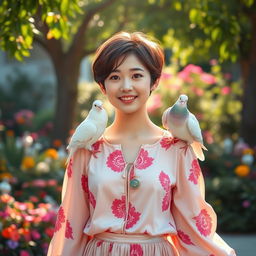 A beautiful and cute Korean woman with short, stylish hair and bright, expressive features, standing gracefully with doves perched on her shoulders
