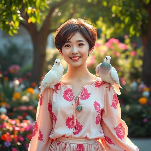 A beautiful and cute Korean woman with short, stylish hair and bright, expressive features, standing gracefully with doves perched on her shoulders