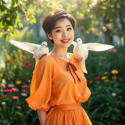 A beautiful and cute Korean woman with short, stylish hair and bright, expressive features, standing gracefully with doves perched on her shoulders