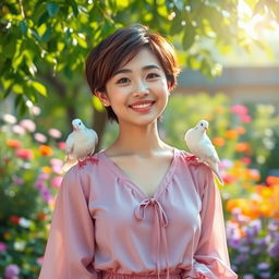 A beautiful and cute Korean woman with short, stylish hair and bright, expressive features, standing gracefully with doves perched on her shoulders