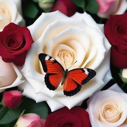 A vivid, blood-red butterfly, adorned with intricate patterns, perches delicately on a pristine, white rose amidst a serene field of roses