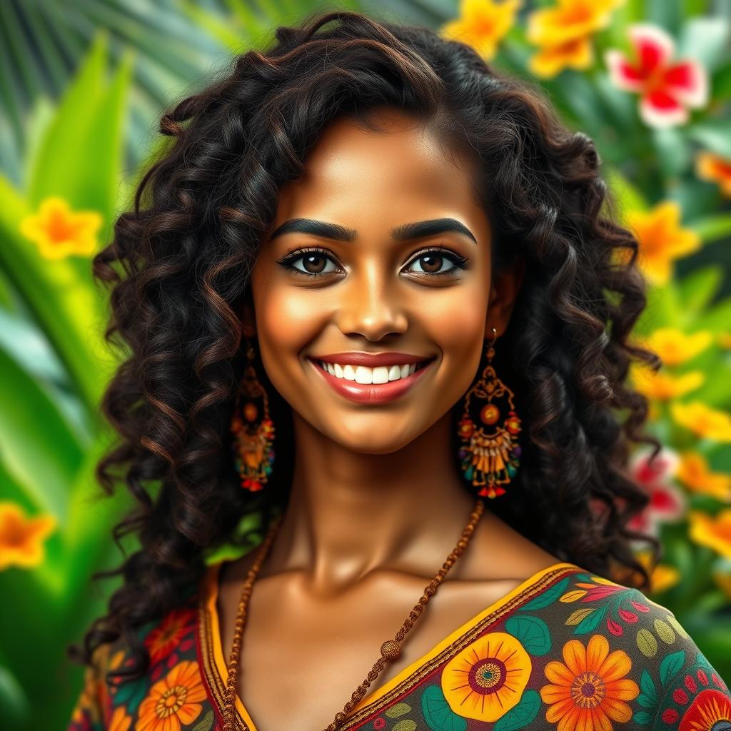 A realistic depiction of a Brazilian woman, showcasing natural beauty and cultural richness