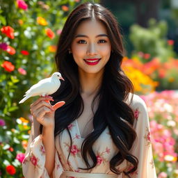 A beautiful Korean woman with long, wavy black hair and captivating features, gently holding a white dove on her finger