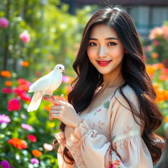 A beautiful Korean woman with long, wavy black hair and captivating features, gently holding a white dove on her finger