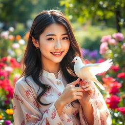 A beautiful Korean woman with long, wavy black hair and captivating features, gently holding a white dove on her finger