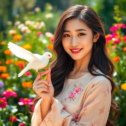 A beautiful Korean woman with long, wavy black hair and captivating features, gently holding a white dove on her finger