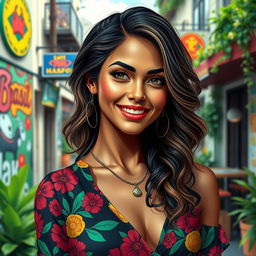 A realistic portrayal of a Brazilian woman in a vibrant urban setting