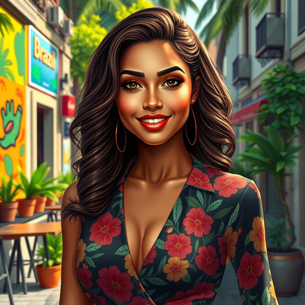 A realistic portrayal of a Brazilian woman in a vibrant urban setting