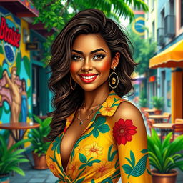 A realistic portrayal of a Brazilian woman in a vibrant urban setting