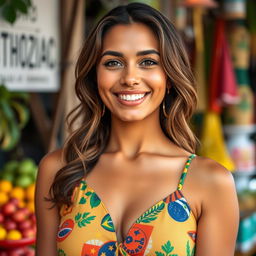 A realistic vertical portrait (9:16 format) of a Brazilian woman, showcasing her beauty and confident personality