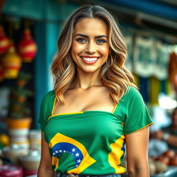 A realistic vertical portrait (9:16 format) of a Brazilian woman, showcasing her beauty and confident personality