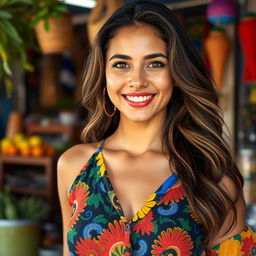 A realistic vertical portrait (9:16 format) of a Brazilian woman, showcasing her beauty and confident personality