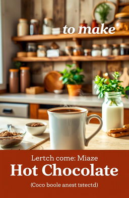 A beautifully arranged scene of a cozy kitchen, featuring a steaming cup of hot chocolate on the counter, surrounded by various chocolate ingredients like cocoa powder, sugar, and milk