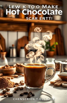 A beautifully arranged scene of a cozy kitchen, featuring a steaming cup of hot chocolate on the counter, surrounded by various chocolate ingredients like cocoa powder, sugar, and milk