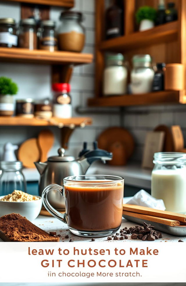 A beautifully arranged scene of a cozy kitchen, featuring a steaming cup of hot chocolate on the counter, surrounded by various chocolate ingredients like cocoa powder, sugar, and milk