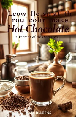 A beautifully arranged scene of a cozy kitchen, featuring a steaming cup of hot chocolate on the counter, surrounded by various chocolate ingredients like cocoa powder, sugar, and milk
