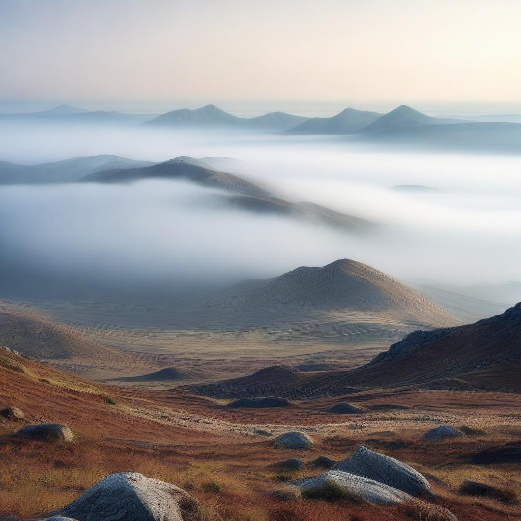 A mountainous landscape in the foreground, with a faintly foggy plain in the distance, as if viewed from a slope looking far into the horizon