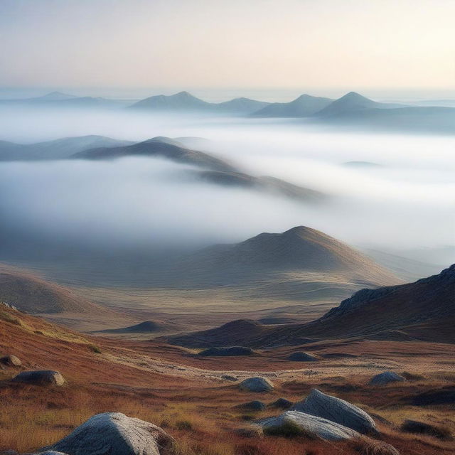 A mountainous landscape in the foreground, with a faintly foggy plain in the distance, as if viewed from a slope looking far into the horizon