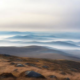 A mountainous landscape in the foreground, with a faintly foggy plain in the distance, as if viewed from a slope looking far into the horizon