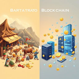 A detailed and captivating visual representation of the evolution from barter to blockchain