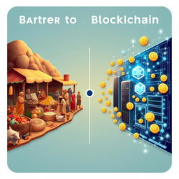 A detailed and captivating visual representation of the evolution from barter to blockchain