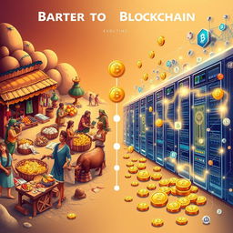 A detailed and captivating visual representation of the evolution from barter to blockchain