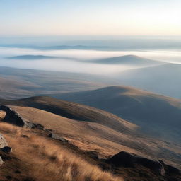 A mountainous landscape in the foreground, with a faintly foggy plain in the distance, as if viewed from a slope looking far into the horizon