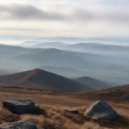 A mountainous landscape in the foreground, with a faintly foggy plain in the distance, as if viewed from a slope looking far into the horizon