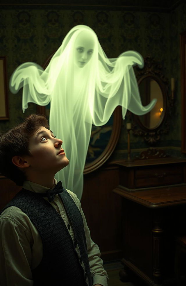 A young man in a vintage outfit, looking amazed and slightly frightened as he stares at a translucent, eerie ghost in an old-fashioned setting