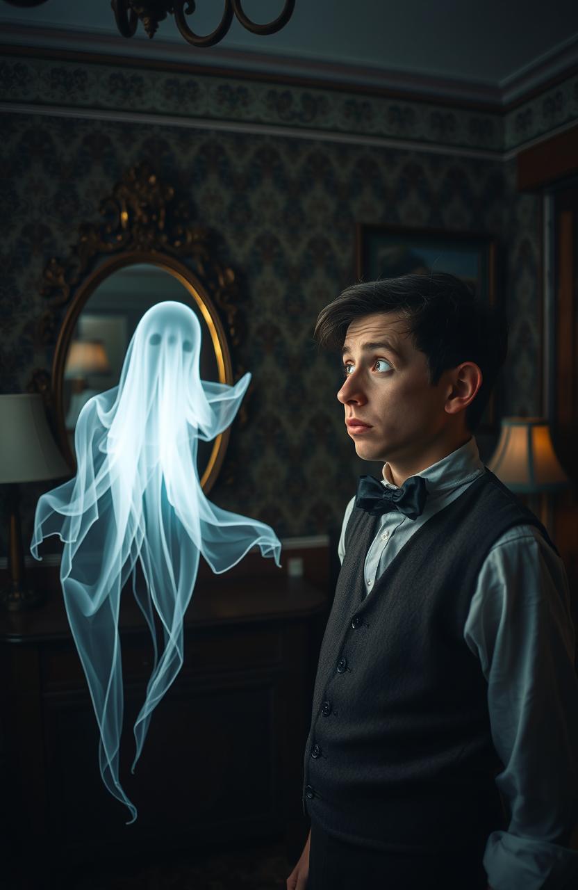 A young man in a vintage outfit, looking amazed and slightly frightened as he stares at a translucent, eerie ghost in an old-fashioned setting